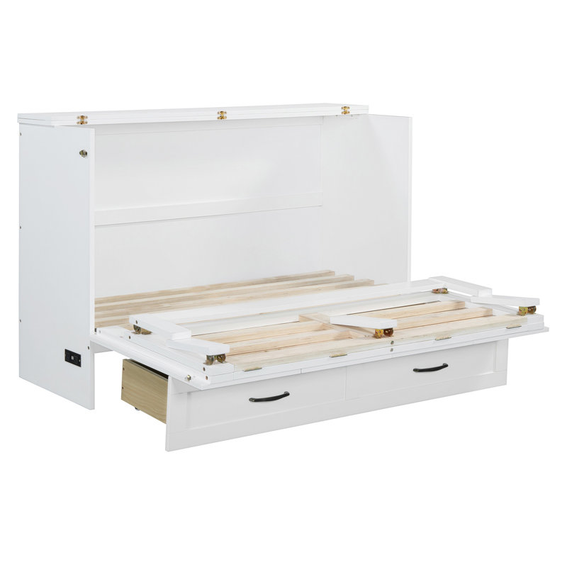 Lit escamotable double avec grands tiroirs, blanc, Lit double, Blanc