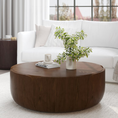 35.63" Round Outdoor Indoor Coffee Table, Modern Wood Grain Drum Center Table, Sturdy MGO (Magnesium Oxide) Waterproof, No-Assembly Table for Patio, G