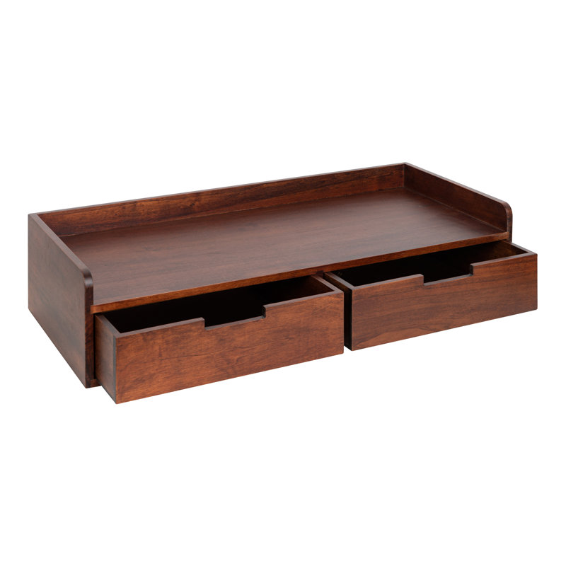 Casiano Solid Wood Floating Shelf with Drawer, Walnut Brown