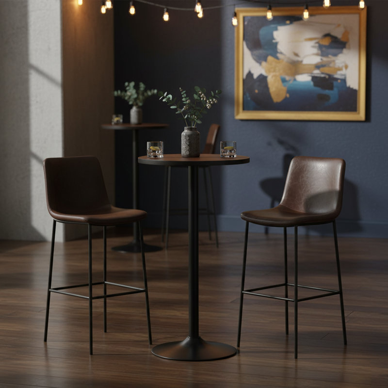 42 Inch High Round Bar Table with Solid Wood Elm Top and Industrial Metal Base Black