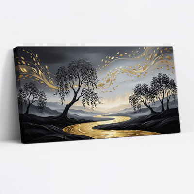 Black Willow Trees and Golden Winding River Canvas Wall Art
