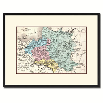 Pologne, Prusse, Allemagne, carte ancienne sur toile avec cadre 16 x 21