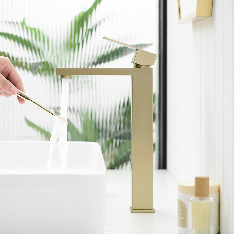 Robinet de salle de bain en or brossé avec poignée simple et bonde escamotable, forme géométrique, valve à cartouche, fixation sur le comptoir, convient aux poignées de salle de bain d'hôtel, meubles-lavabos