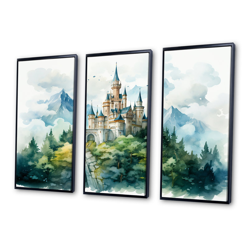 Montagnes médiévales, châteaux, art mural, H 28 po x l 36 po x P 1 po, Cadre flottant noir