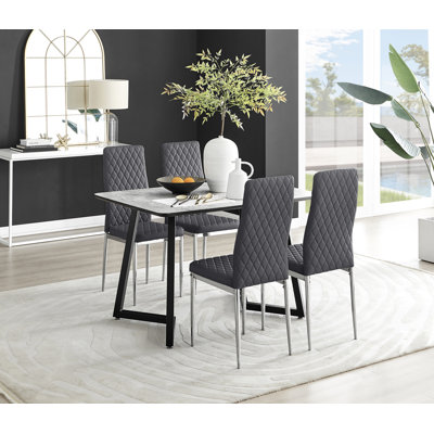 Benia White & Grey Marble Effect Dining Table Set with x4 Luxury Velvet Upholstered Dining Chairs