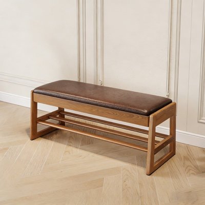 2-Tier Rubberwood Shoe Bench With Cushioned Seat – Compact Mid-Century Modern Storage, 550 Lbs Capacity