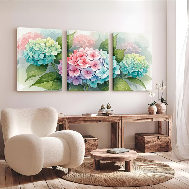 «Hydrangea», impression sur toile tendue à l'aquarelle sur toile, ensemble de 3, H 36 po x l 72 po