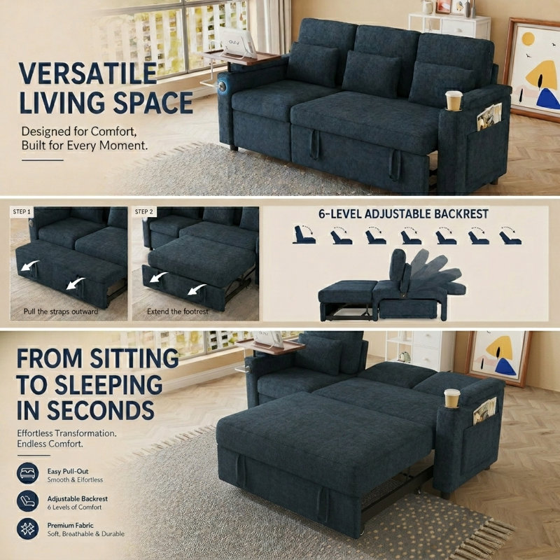 Canapé-lit de 83 po en chenille convertible 3 en 1 avec repose-pieds électrique, dossier réglable, ports USB, tableau et accoudoirs de rangement