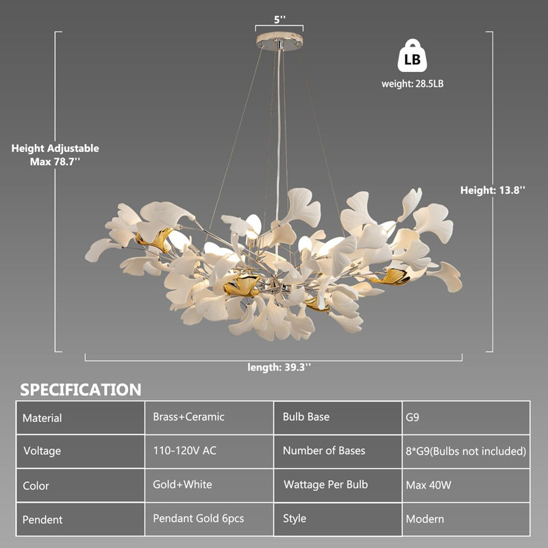 Ceramic Ginkgo Leaf Kholton 8 - Light L40 Inch Chandelier, Silver