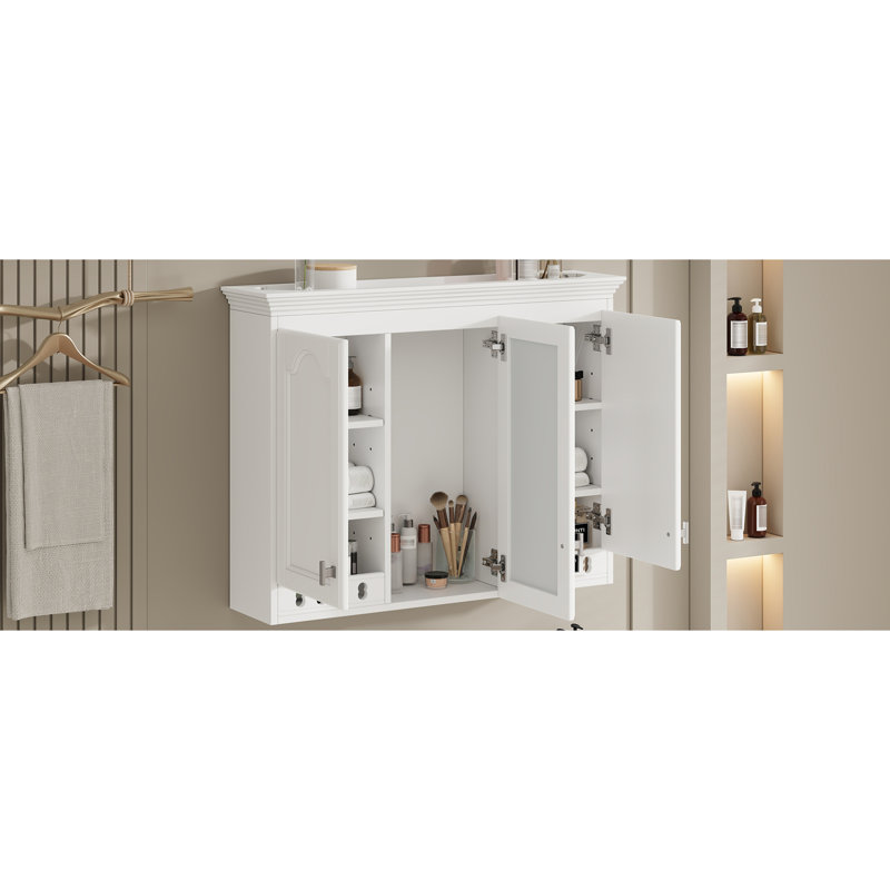 Armoire à miroir murale 35 pouces tout-en-un avec tablettes réglables, charnières à fermeture en douceur, Blanc