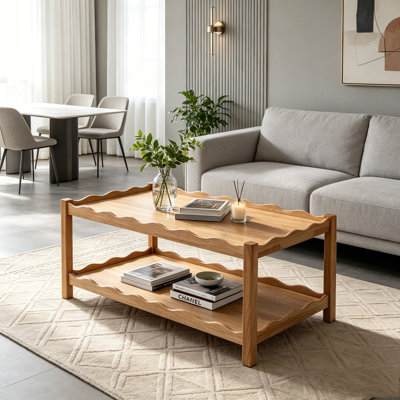 Modern 2 Tier Coffee Table for Living Room Furniture, Rectangular Center Table with Open Storage Shelf, Solid Rubberwood Legs