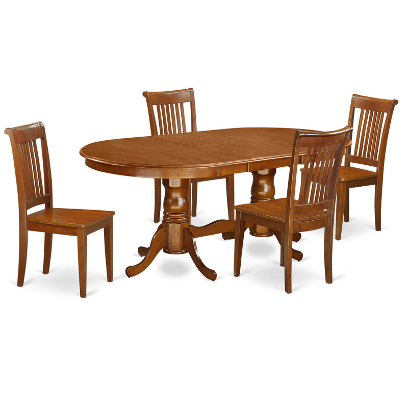 5 Piece Kitchen Table Set for 4 Includes an Oval Dining Table with Butterfly Leaf and 4 Solid Wood Seat Chairs, Saddle Brown