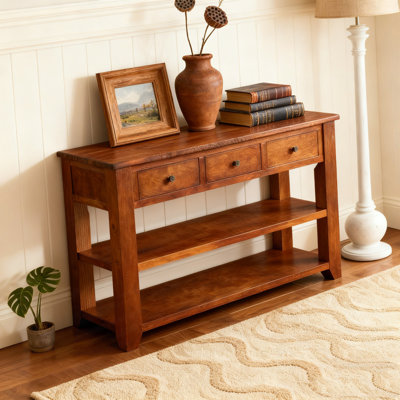 48'' Solid Pine Wood Top Console Table, Modern Entryway Sofa Side Table with 3 Storage Drawers and 2 Shelves. Easy to Assemble