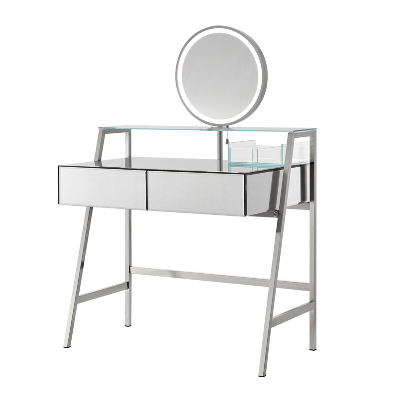 33.9" Mirrored Makeup Vanity Desk With LED Mirror, 2 Big Drawers, Open Shelf, Dressing Table With Charging Station For Bedroom, Silver