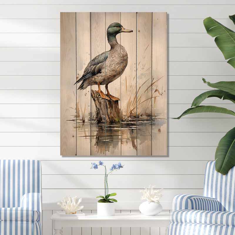 Canard colvert minimaliste à l'étang II - animal canard sur bois, H 32 po x l 24 po