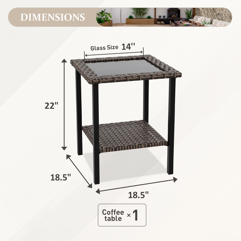 Outdoor Patio Brown PE Wicker Square Side Table with Built-in Glass & Shelf Storage