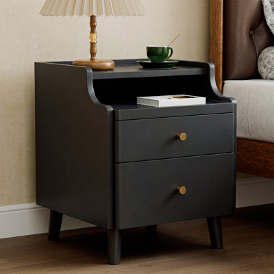 Nightstand with Drawers, Pre-Assembled, Natural Solid Wood Night Stand with Open Sliding Shelf