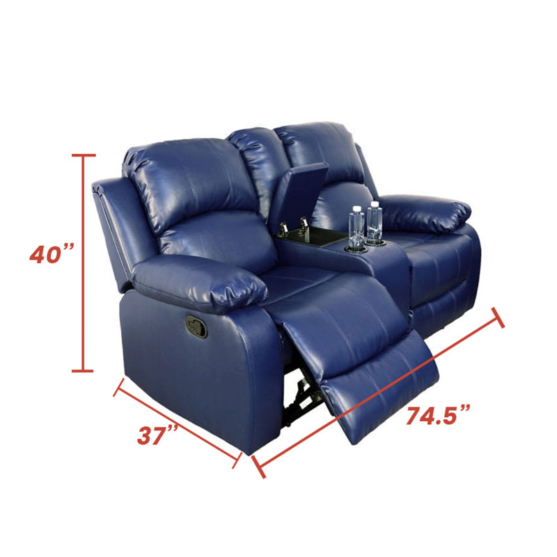 69'' Vegan Leather Pillow Top Arm Reclining Loveseat Sofa, Blue Faux Leather