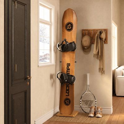 Présentoir de plancher de planche à neige autoportant à base en bois massif, support de rangement vertical simple réglable 