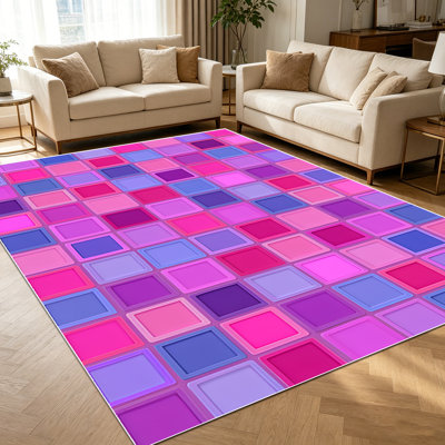 Tapis de mosaïque carré 1 pièce rose, mauve et bleu pour le salon, doux et confortable, convient à toutes les saisons, facile à entretenir, tapis de sol intérieur lavable à la machine, sous la table de ferme convenant à la table à manger, au vestibule de la chambre à coucher, à la cuisine,