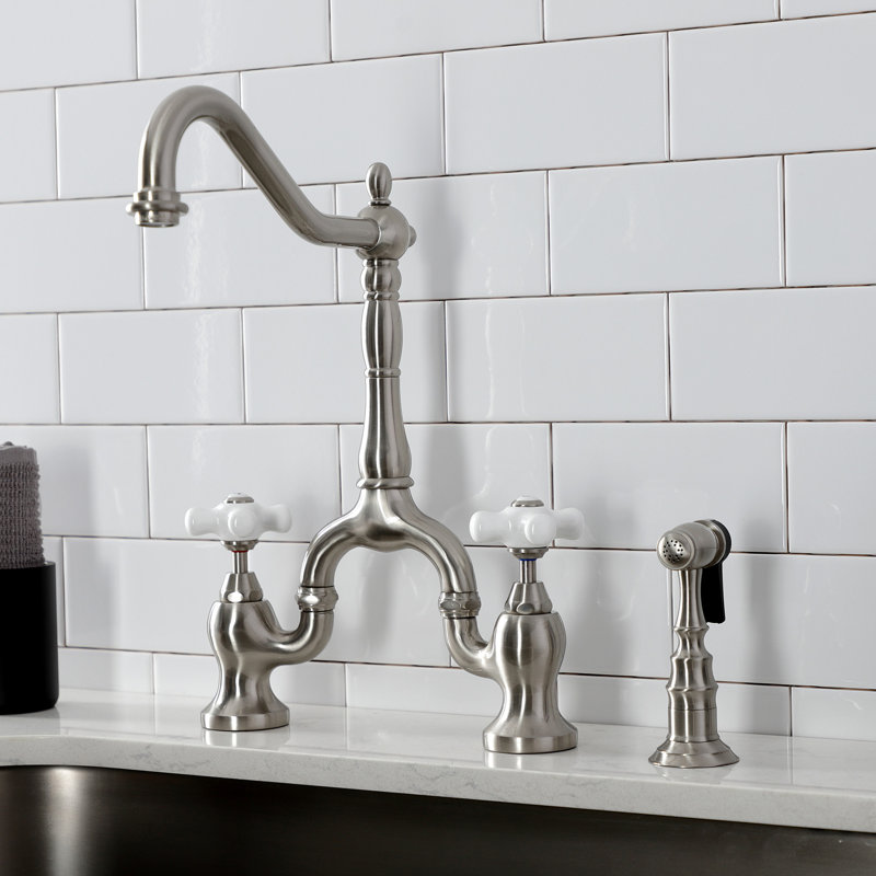 Kingston Brass English Country Two-Handle 3-Hole Deck Mount Bridge Kitchen Faucet with Brass Side Sprayer, Brushed Nickel