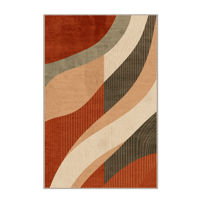 Tapis bohémien abstrait lavable à la machine en brun - reliure beige, 3 X 5