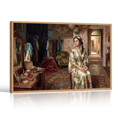 Woman in Cream Floral Robe Sitting in Vintage Room Canvas Wall Art