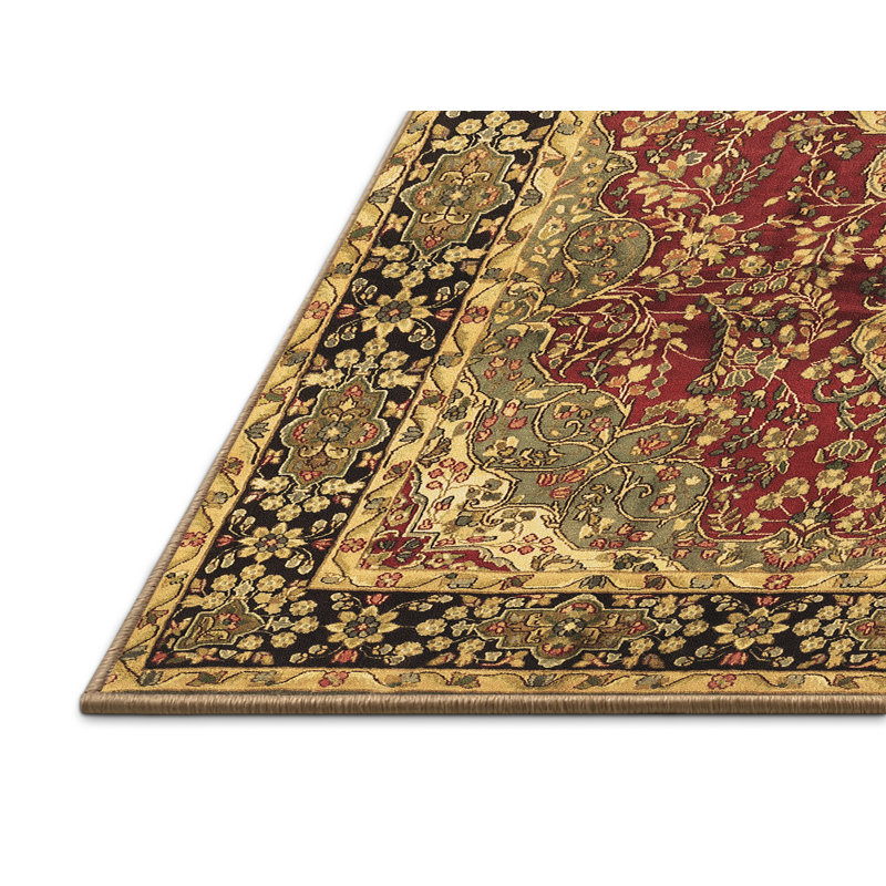 Tapis oriental en laine / polyester tissé à la machine Doshi en noir / vert / beige / rouge, Rectangle 2 pi x 4 pi