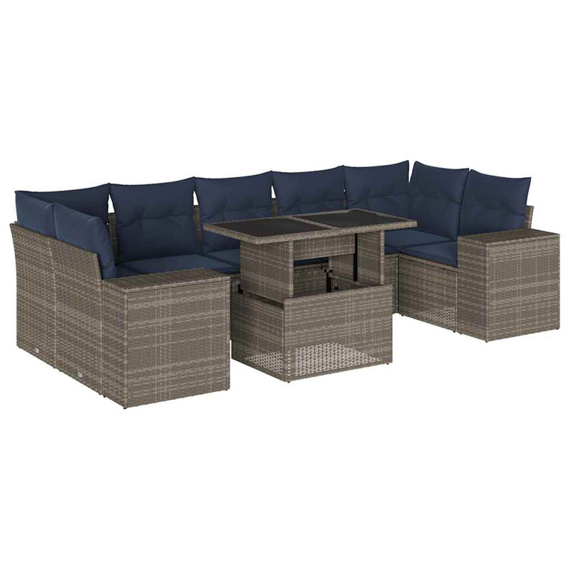  Ensemble de canapé de patio 8 pièces avec coussins en rotin de polyester brun, Gris, Marine