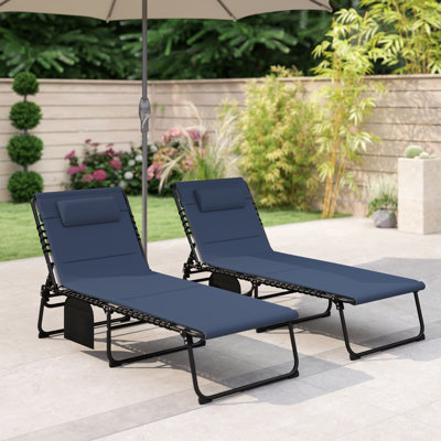 Outsunny Folding Sun Loungers Set of 2 Headrest Side Pocket Dark Blue