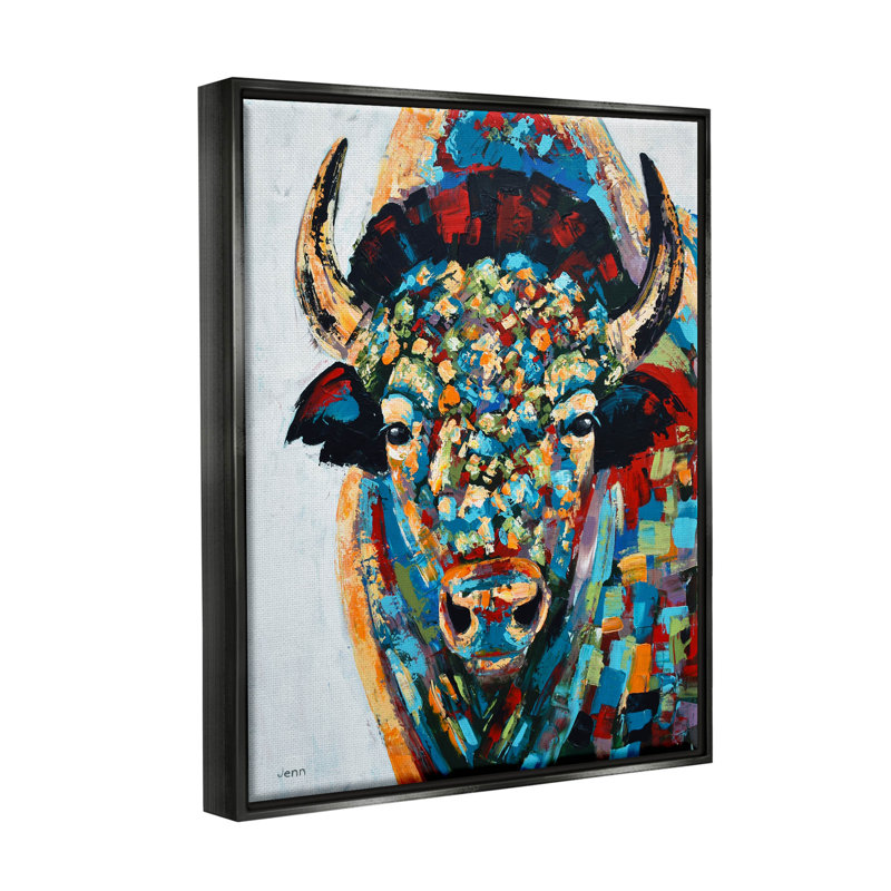 «Abstract Bison Kaleidoscopic Strokes» par Jen Seeley, peinture sur toile à cadre flottant, H 21 po x l 17 po x P 1,7 po