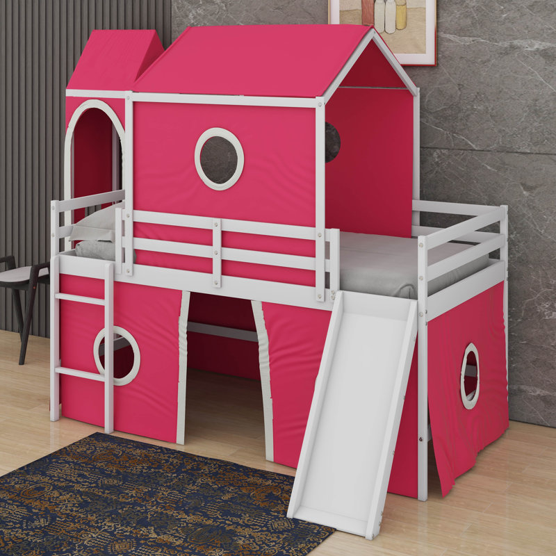 Lit mezzanine simple avec glissade et tour, Rose