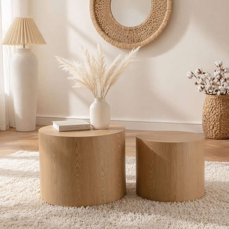 Ensemble de 2 tables basses gigognes, tables rondes en bois pour petits espaces, meubles d'appoint modernes et durables