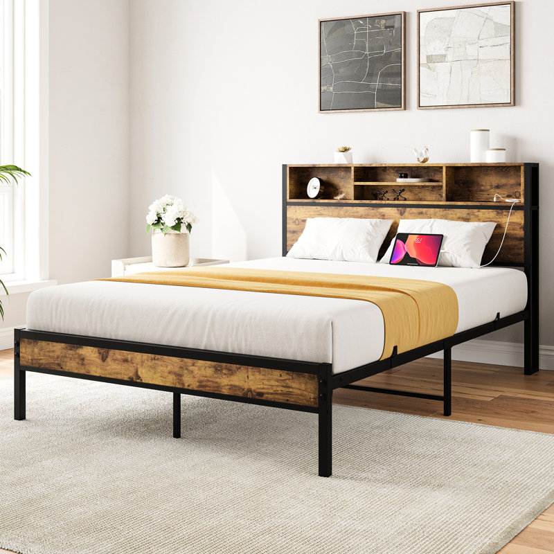 Full Bed Frame With Storage & Charging Station, Metal Wood, Noise-, Black, No Box Spring Required, Easy Assembly Platform Headboard Electrical Sockets, Size, Stable, Required