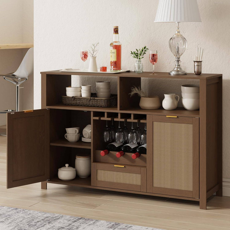 Buffet 51 "en rotin avec porte-bouteilles amovible et porte-verres, buffet de rangement Boho Farmhouse pour l'entrée de la salle à manger de cuisine, noyer