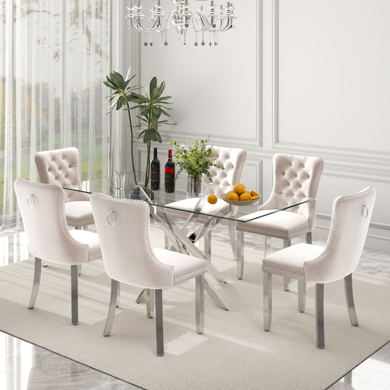 Rectangle Glass Dining Table Set, 7 Pieces: Table, 6 Chairs, Beige/Silver, Silver
