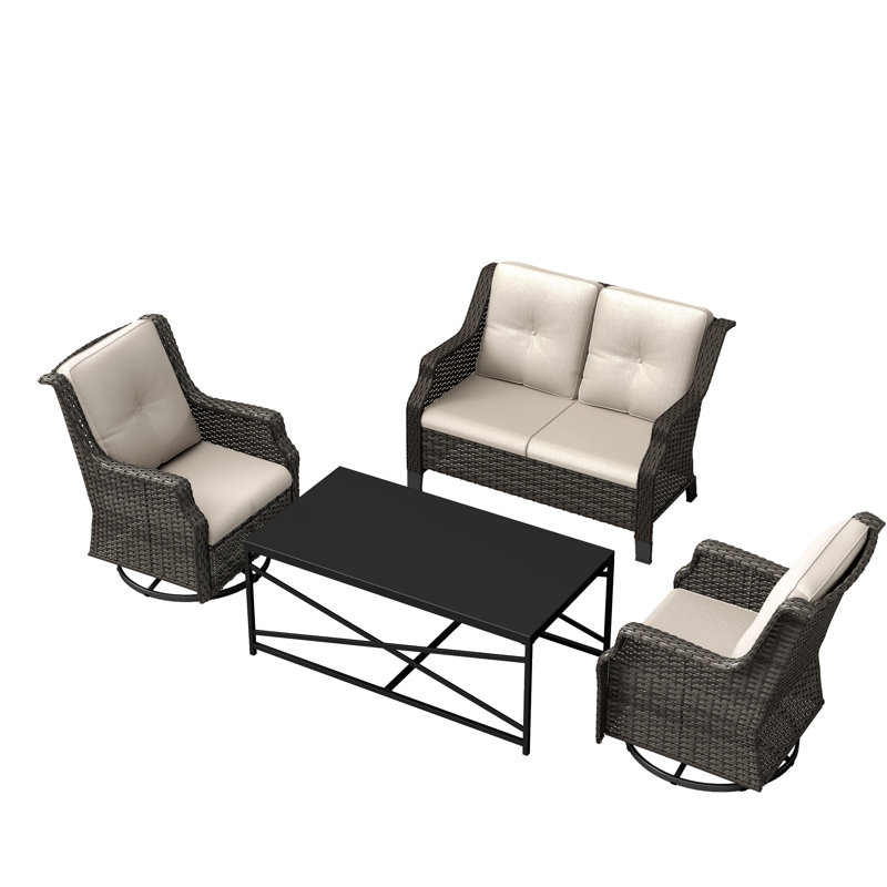 4-Person PE Wicker Outdoor Patio Set with Loveseat,Chairs,Black Coffee Table & Beige Cushion, Beige