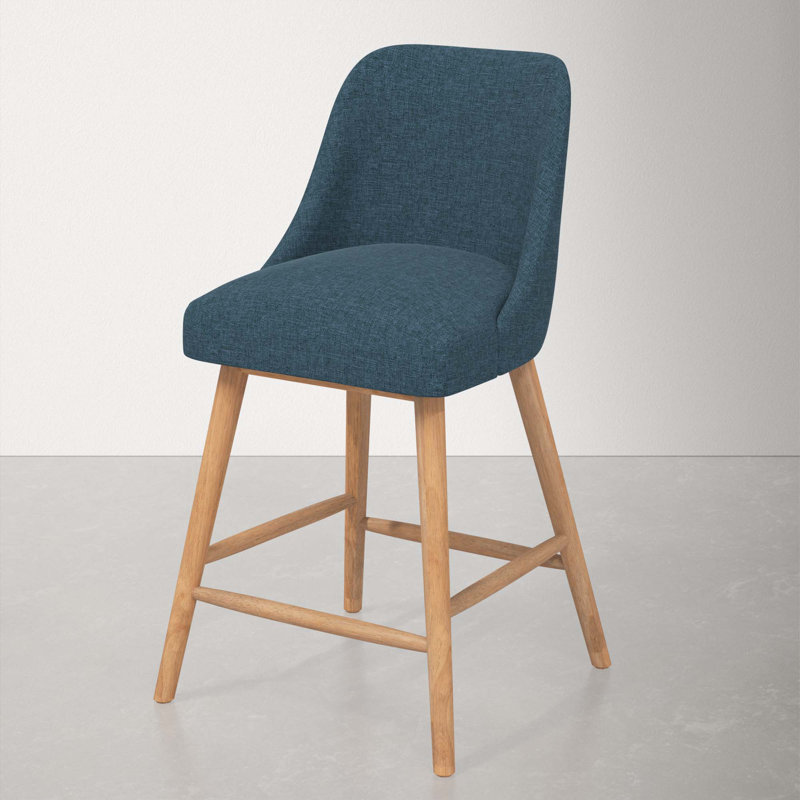 Tabouret Gallie, Bois naturel, Tabouret de comptoir (siège d'une hauteur de 27 p, Lin texturé bleu marine Zuma
