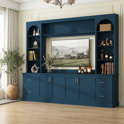 Meuble télé mural moderne en forme d'arche, grand meuble télé de style campagnard de 262 cm (103 po) avec armoires de rangement, tiroirs et étagères réglables pour téléviseurs jusqu'à 165 cm (65 po).