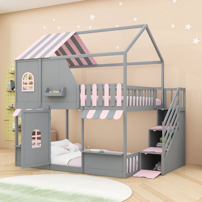 Lit superposé double au-dessus de double avec escalier de rangement et rangement, Gris / rose