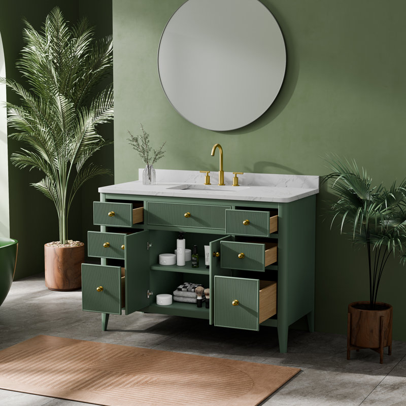 Ensemble de meuble-lavabo sur pied simple 48 po avec façade cannelée, tiroirs à fermeture en douceur, fabrication en bois massif et plateau en marbre d'ingénierie - entièrement assemblé