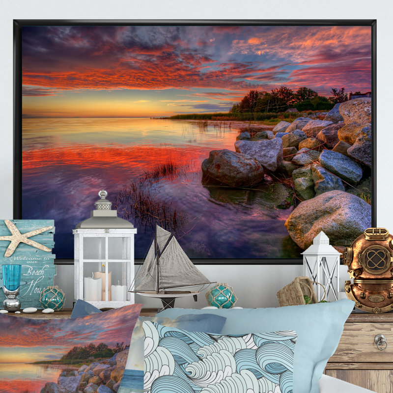 " Calm Water At Sunset ", 24" H x 36" W x 1" D, Black Floater Framed Canvas
