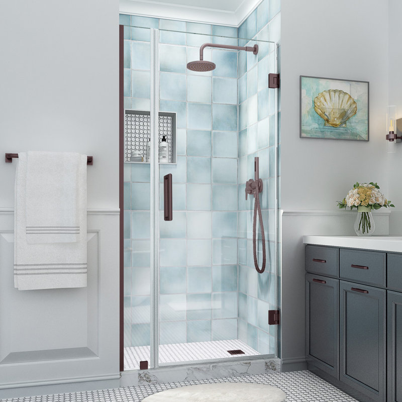 Belmore XL 37.25 - 38.25 in. x 80 in. Frameless Hinged Shower Door with Ultra-Bright Glass, Bronze, Clear Glass
