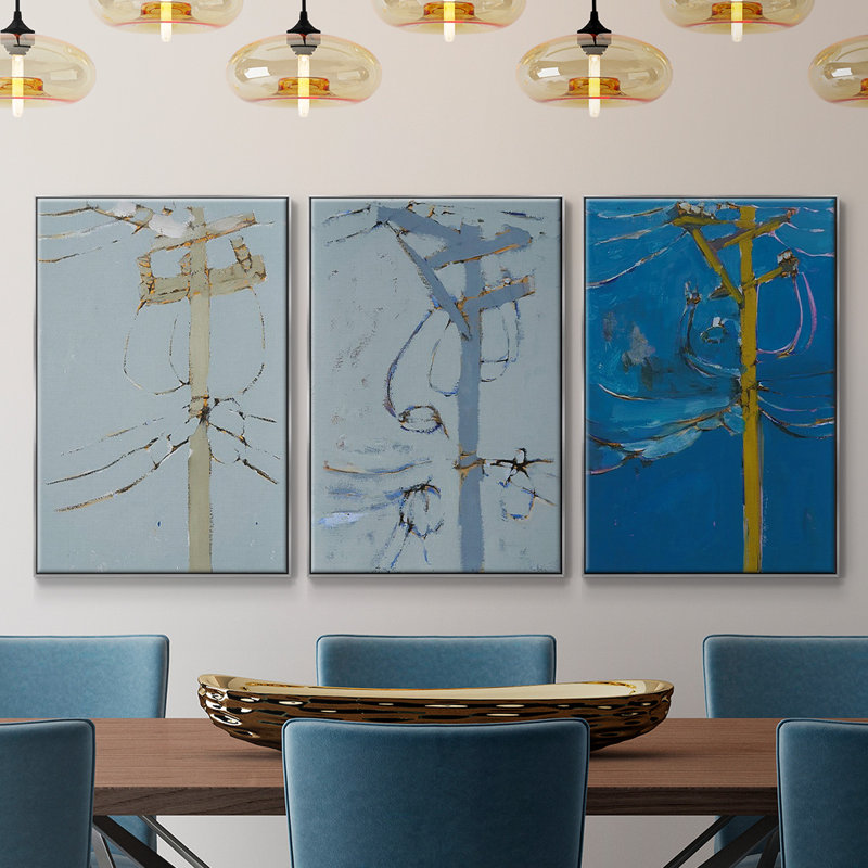 Wires IV encadré sur toile 3 pièces, H 36 po x l 72 po x P 2 po, Encadrement argenté