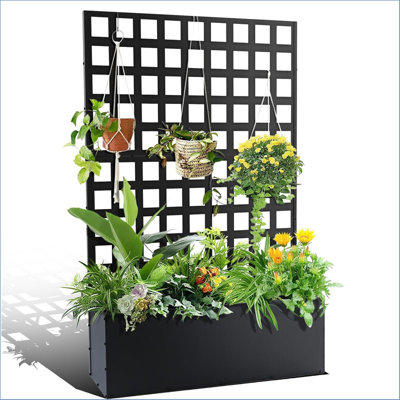 Boîte à fleurs en métal avec treillis, jardin surélevé de 70,87 po x 46,46 po x 11,81 po avec treillis et roues, jardinière extérieure avec moustiquaire et trous de drainage pour plantes grimpantes