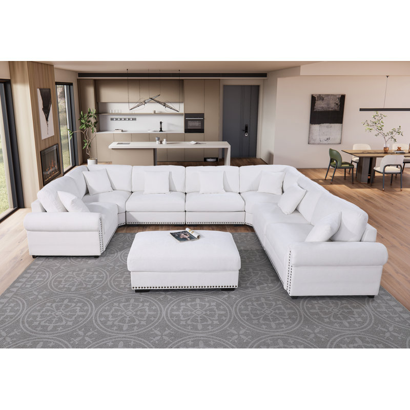 Errett Modern Fabric Reversible 8 Seater Corner Sectional With Movable Ottoman, White Polyester