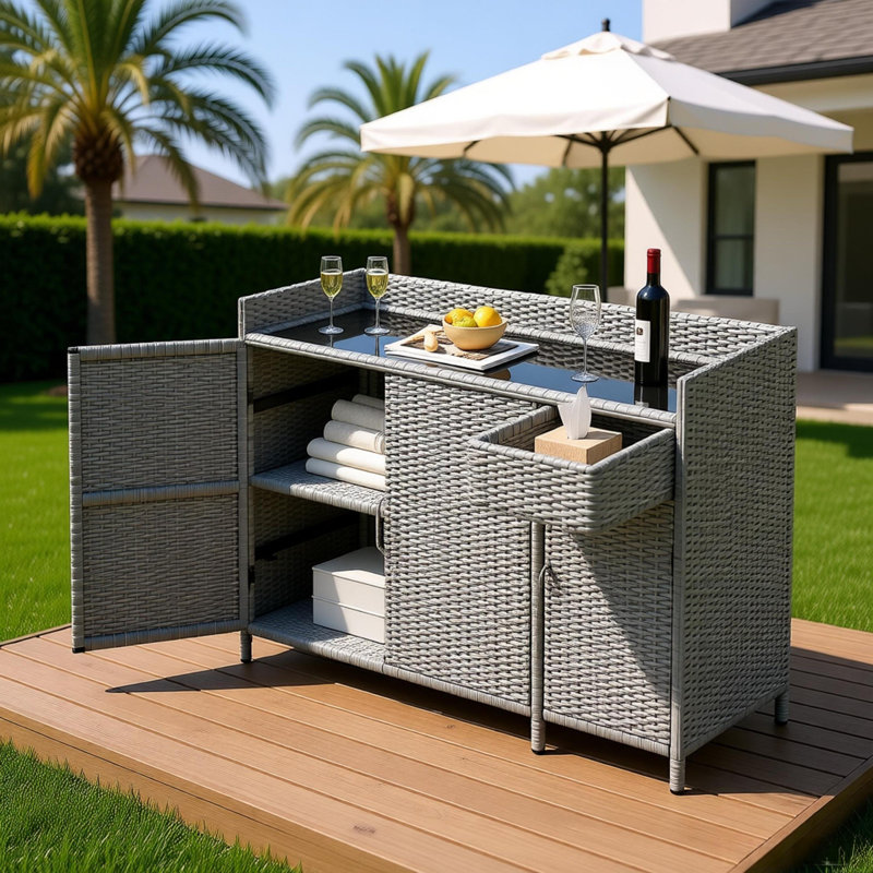 47.5" Wicker Outdoor Storage Cabinet With Tempered Glass Desktop, Weather-Proof Rattan Bar Table With Three Doors, Adjustable Shelf, And One Drawer, For Outdoor Cushions, Pool Toys , Grey