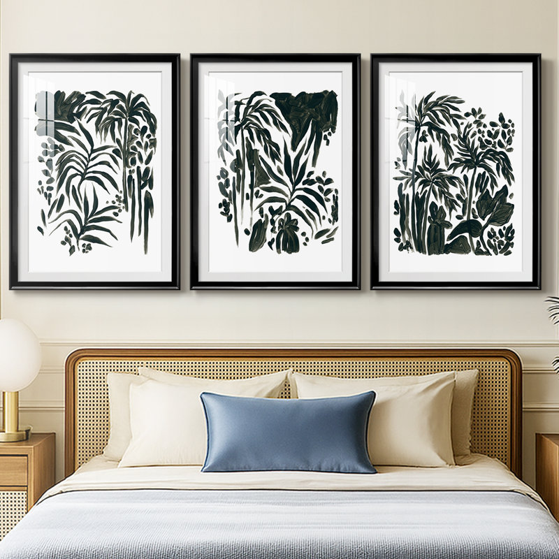 Encre Jungle I - Impression sur mesure encadrée de qualité supérieure - 3 pièces, H 15 po x l 19 po, Noir