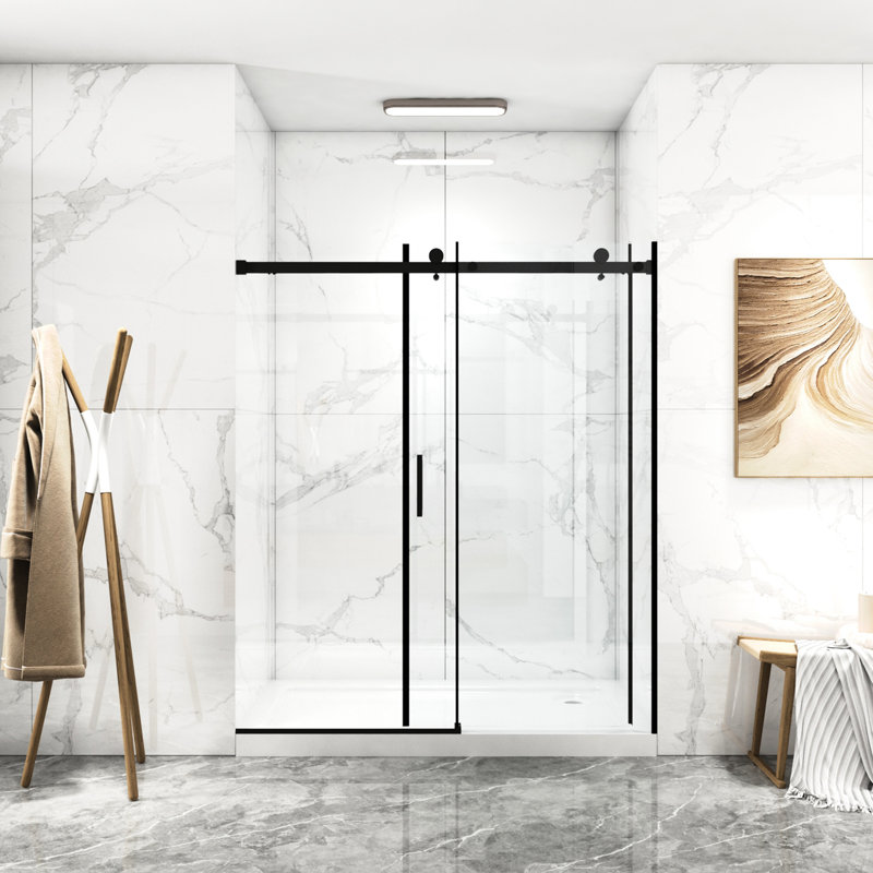 Porte de douche à largeur réglable de 56 à 60 po, enceinte en verre trempé coulissant de 8 po et h 8 mm, noir mat, entrée double pour salle de bain rouille et imperméable