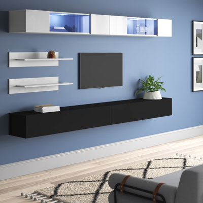 Chanera 126" Modern Floating Wall Mounted Entertainment Center with 16-Color LED Lighting, High Gloss Finish